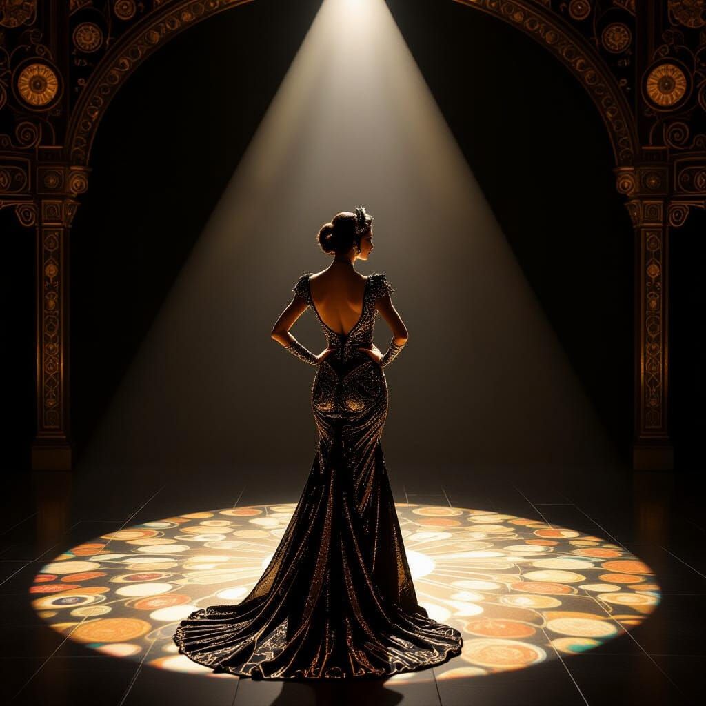 Showgirl on Stage in Klimt-Inspired Art Deco Style