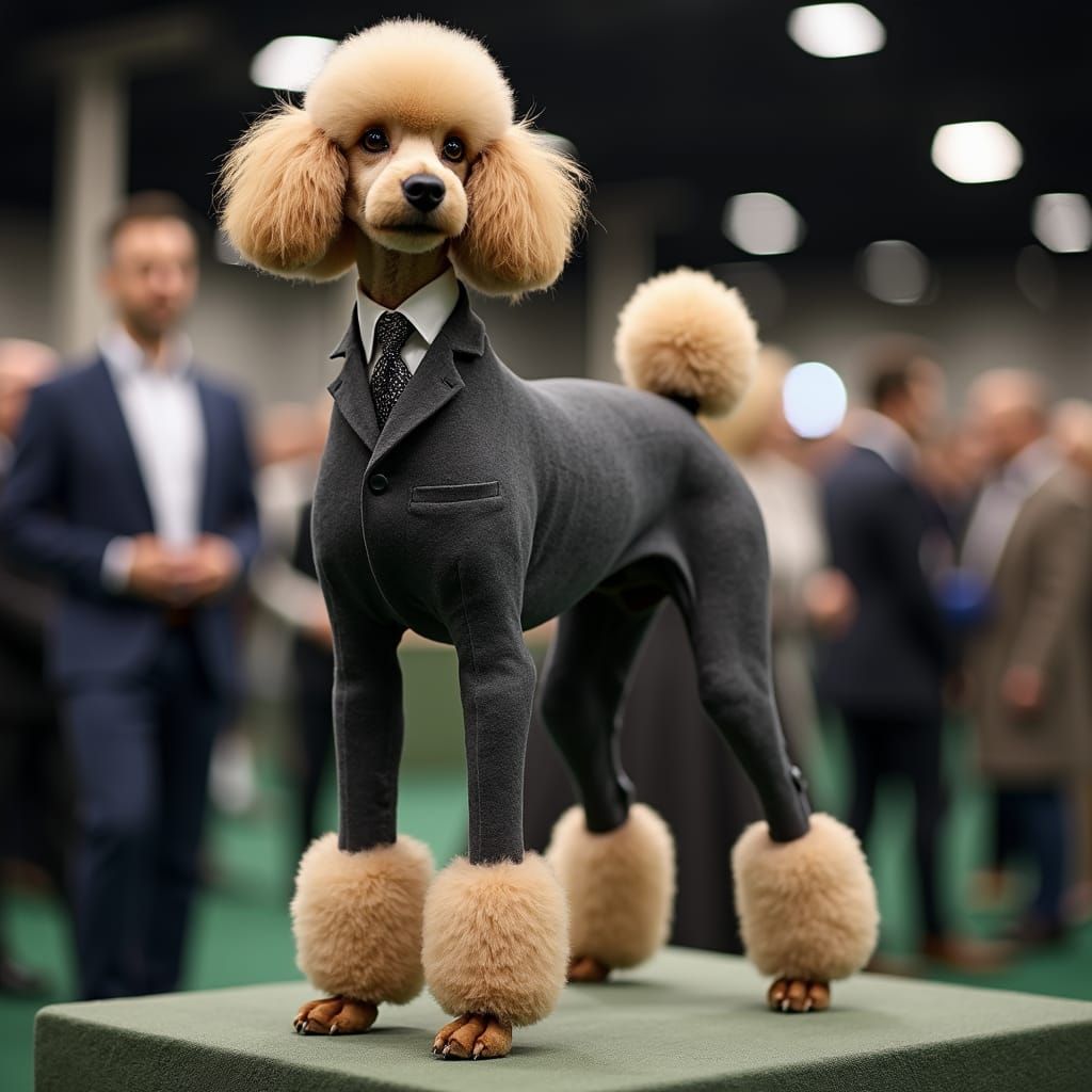 Elegant Poodle in Charcoal Grey Business Suit at Dog Show