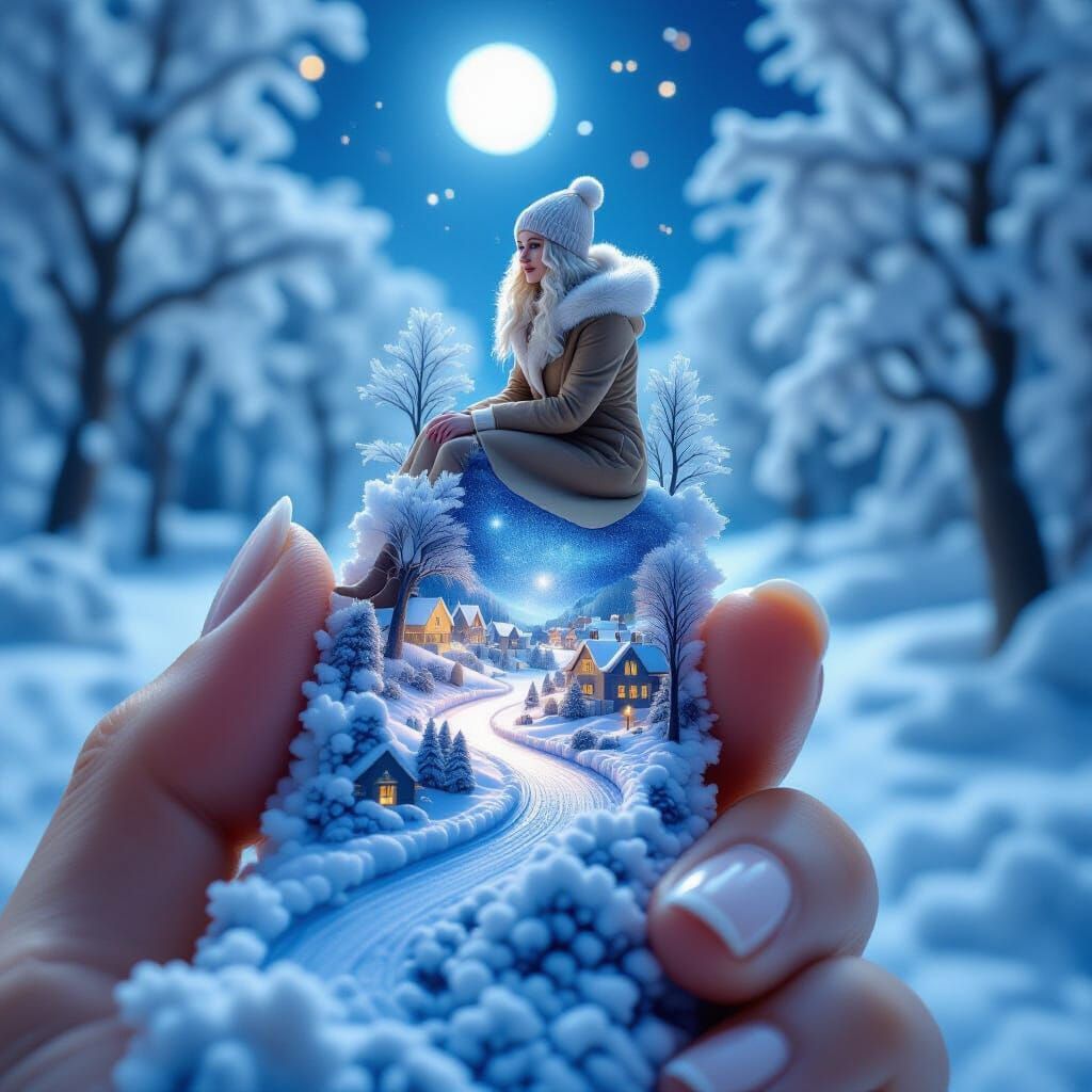 Woman on Finger in Detailed Winter Microcosm