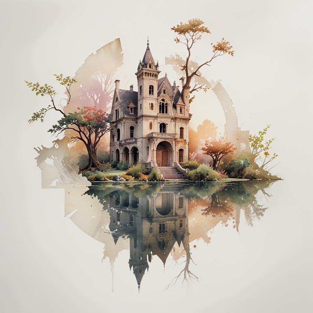 Ethereal Watercolor Abandoned Mansion Amidst Nature's Reclai...