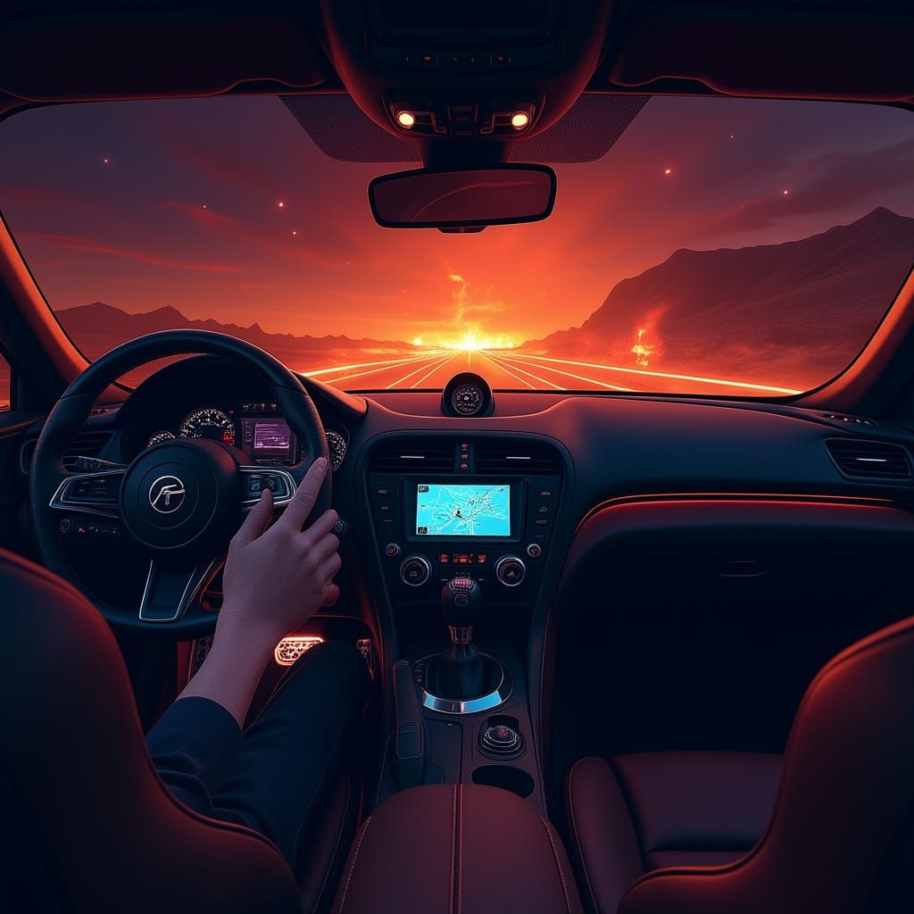 Sports Car Interior Speeds Through Desert Night