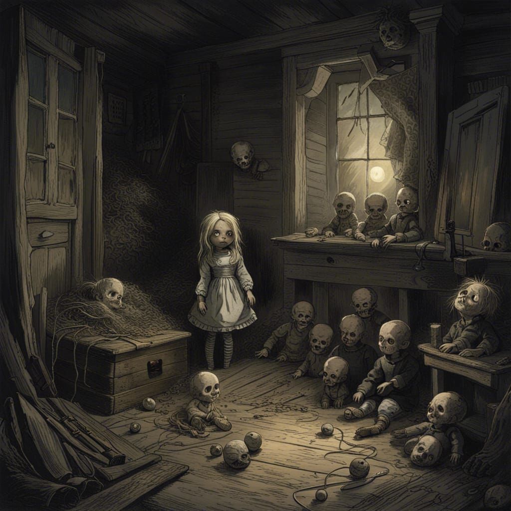 Creepy Doll in Ruined House: Dark Horror Scene