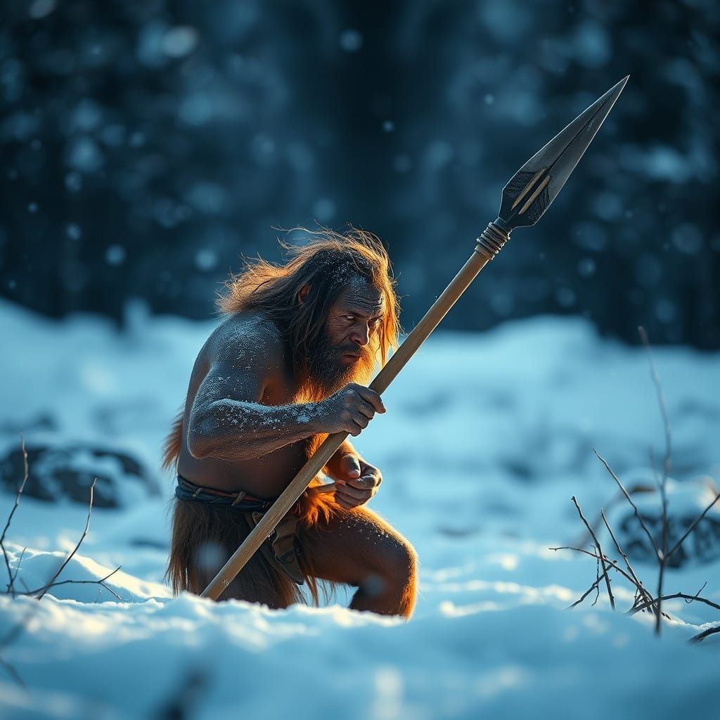 Neanderthal Spear Hunting in the Snow: Professional Photogra...