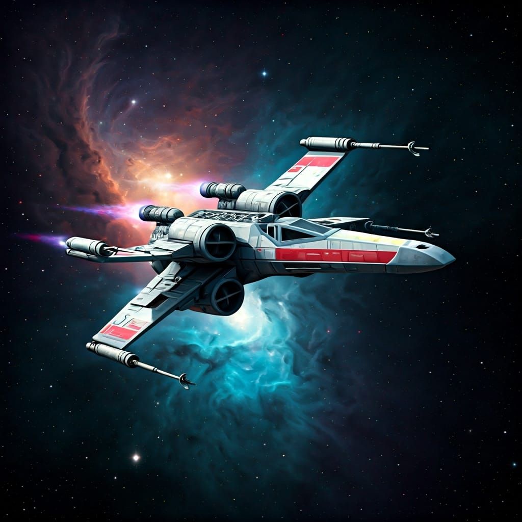 X-Wing Fighter Soaring Through Nebula in Aerograph Style