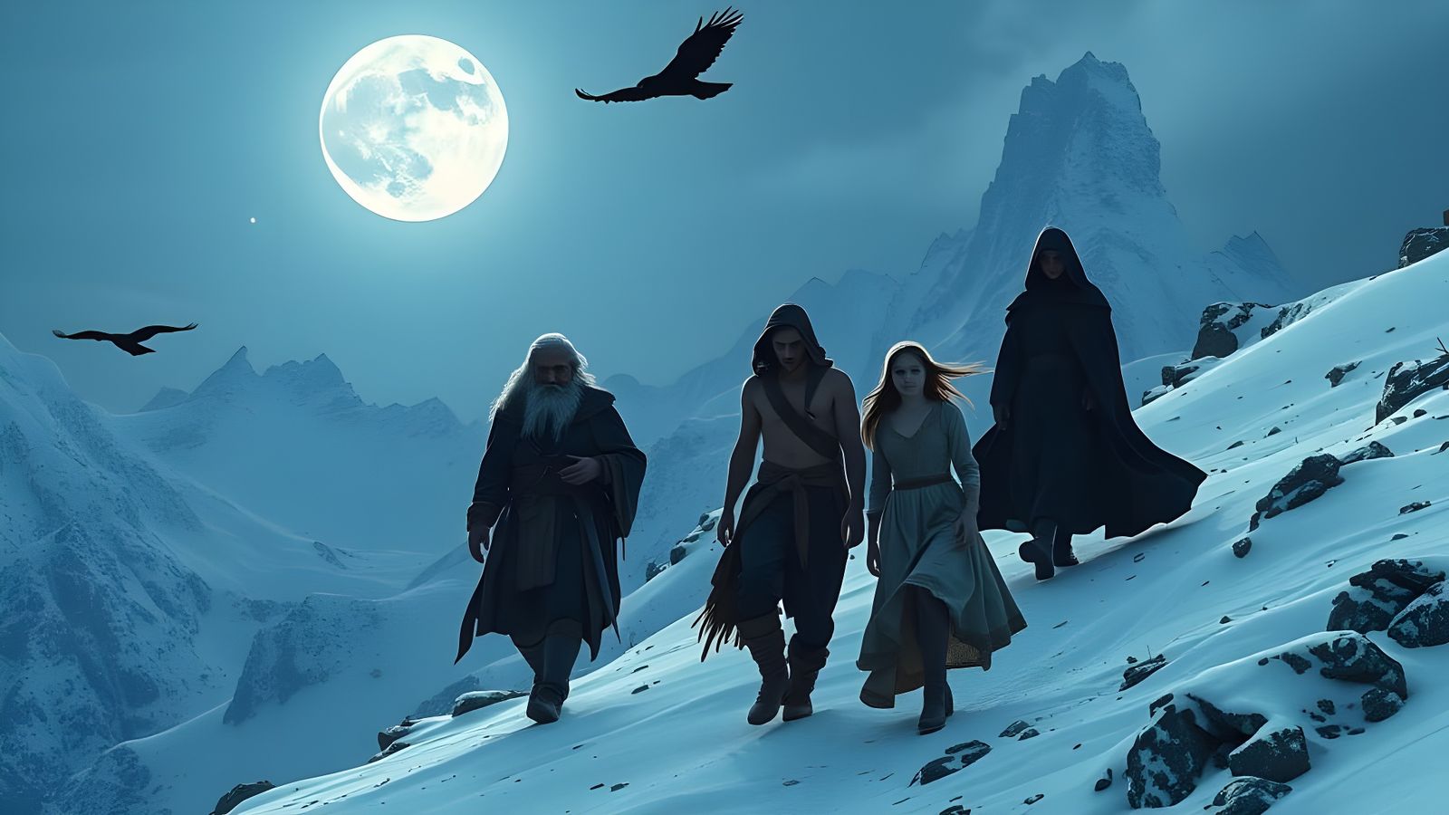 Medieval Heroes Ascend Snow-Covered Mountains under Full Moo...