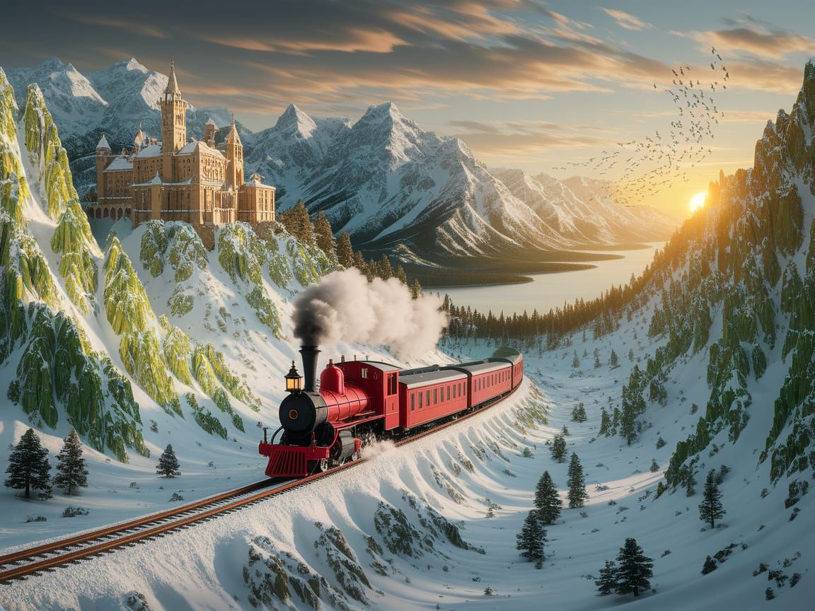 Vivid Red Steam Train in Snowy Mountain Landscape with Castl...