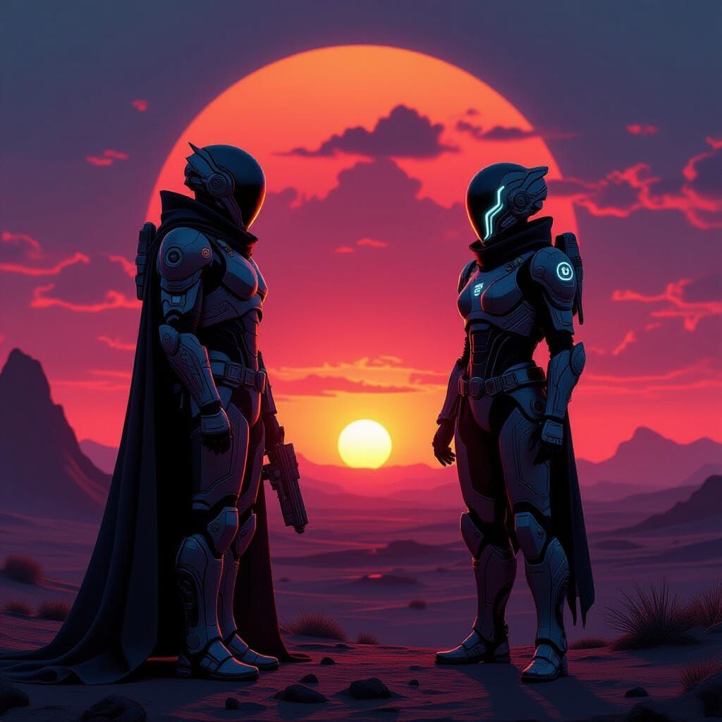 Futuristic Warrior on Alien Planet at Sunset