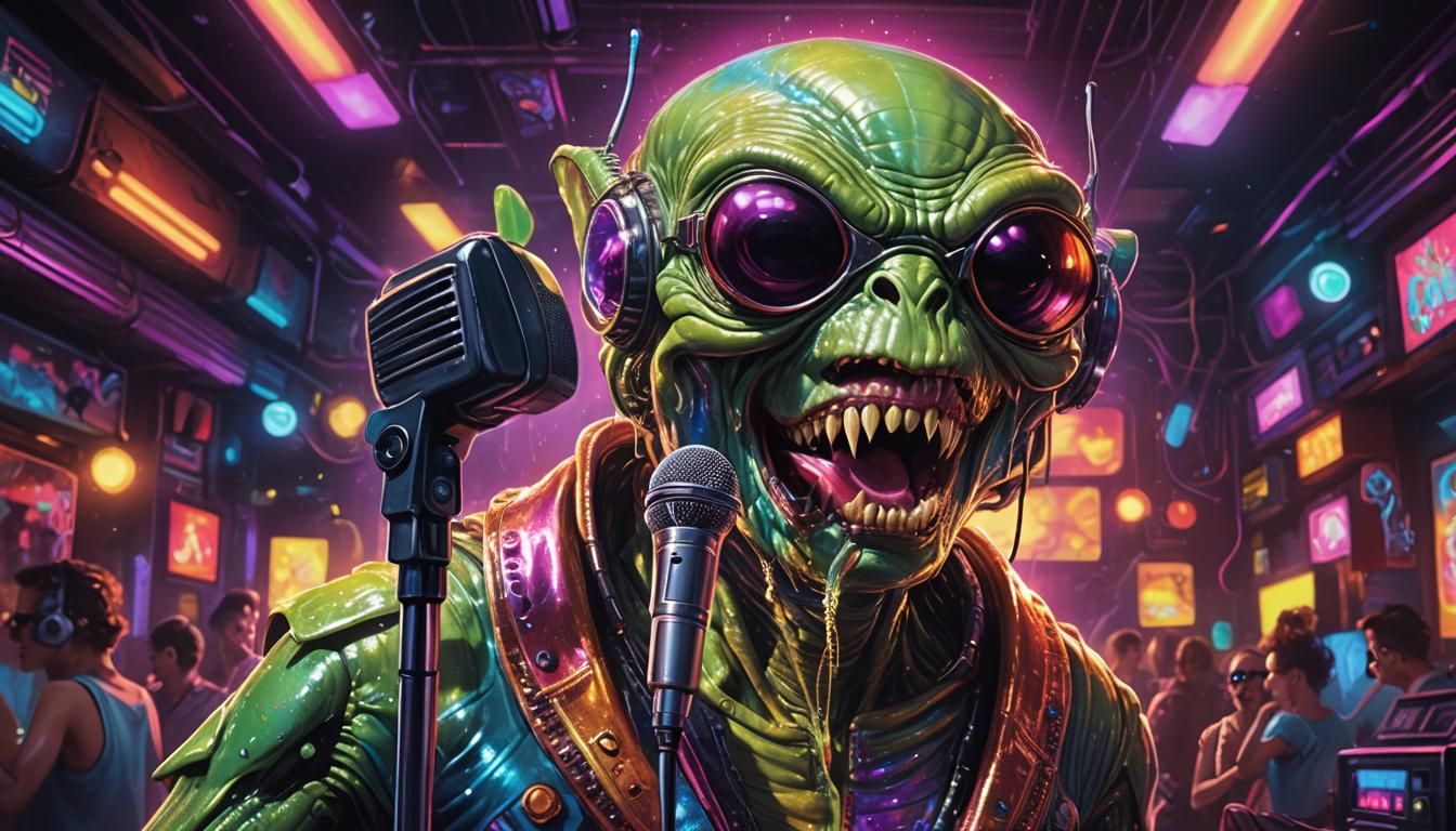 Chunky Alien Singer in Retro-Futuristic Club