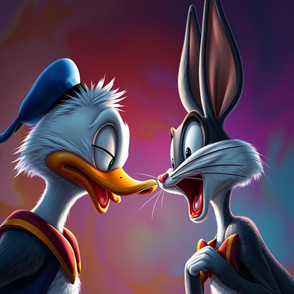 Donald Duck and Bugs Bunny in Intense Gaze, Cyberpunk Digita...