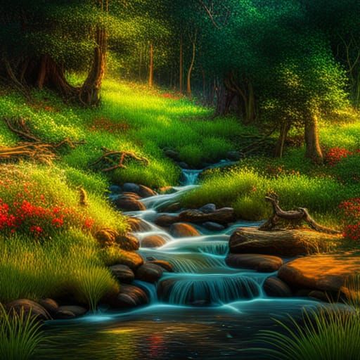Sparkling Creek in Hyperrealistic Meadow, 8K