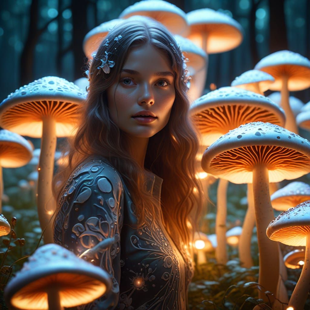 Luminous Mushrooms with Glowing Woman: Bioluminescent Illust...