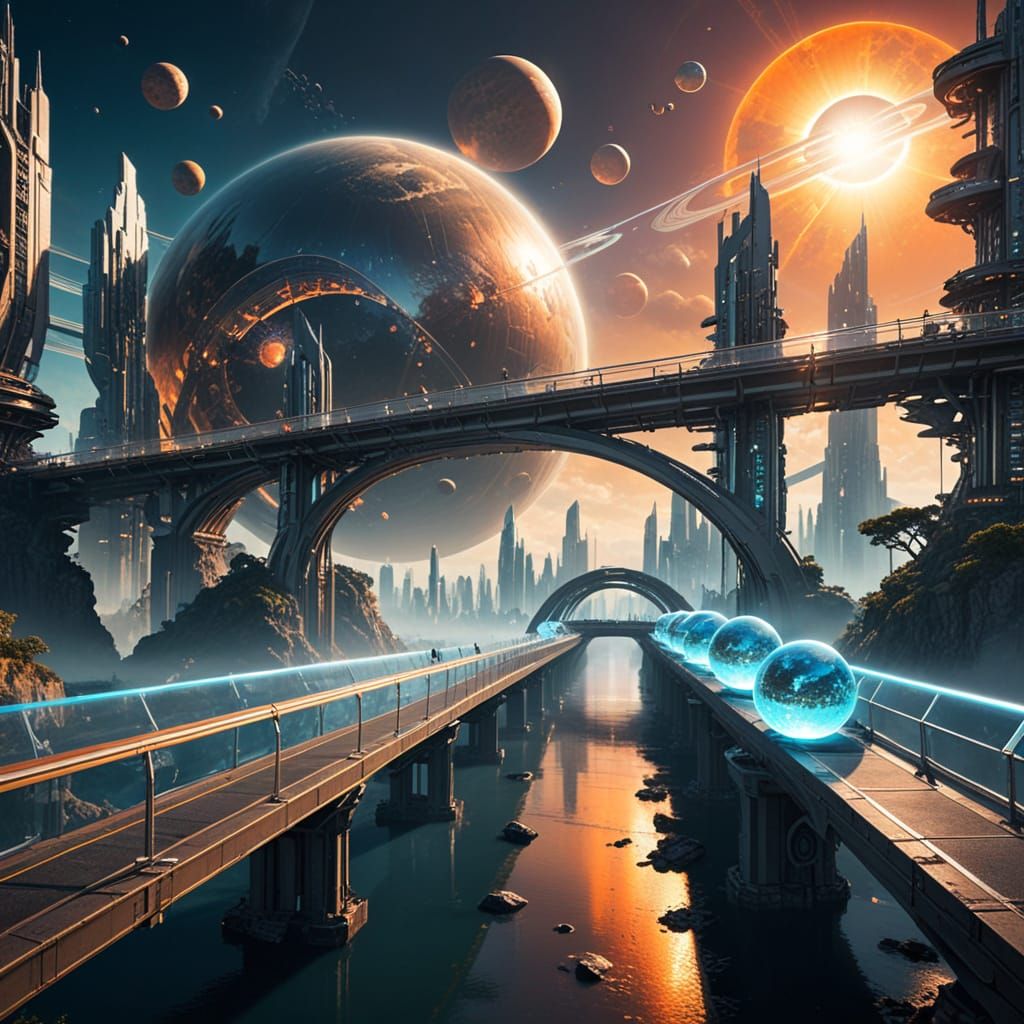 Surreal Solarpunk Metropolis with Glowing Bridge and Shimmer...