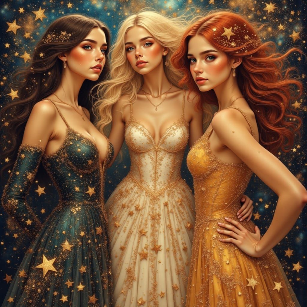 Friends Celebrate in a Starry Gown: Digital Illustration