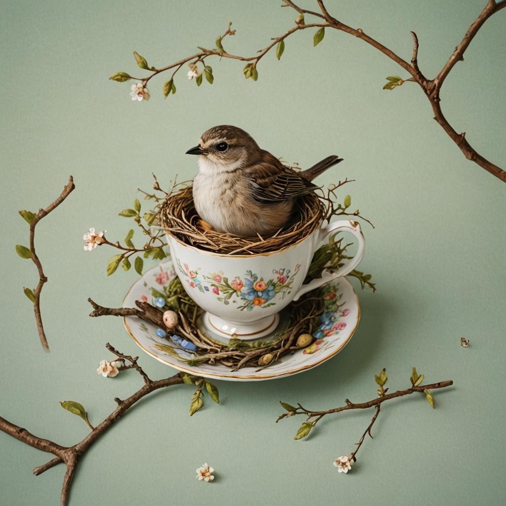 A bird in a nest in a teacup