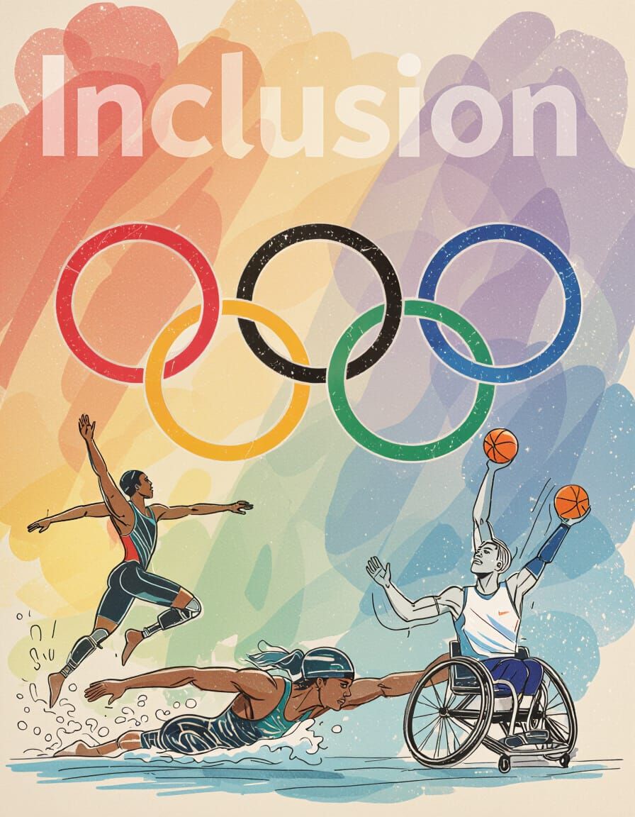 Elegant Sports Poster: Olympic Rings & Diverse Athletes