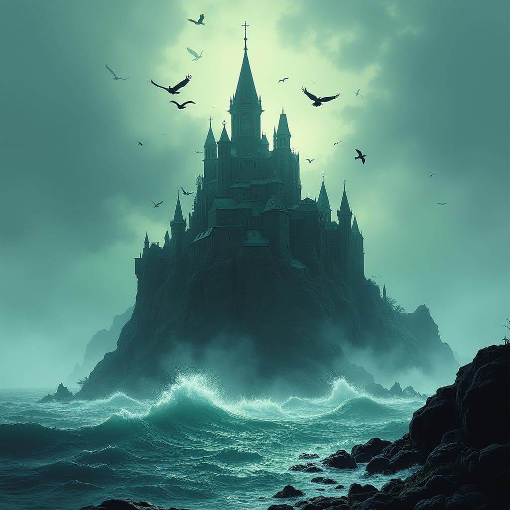 Gothic Comic Island in Mist with Soaring Birds
