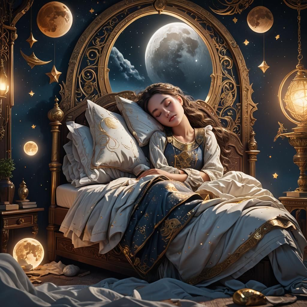 Moonlit Dream: Girl Sleeping in Fantasy Room