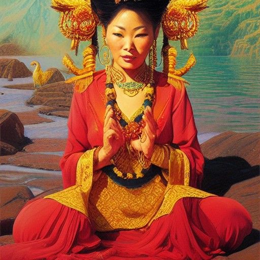 Asian Goddess of Wealth in Oil Painting Style