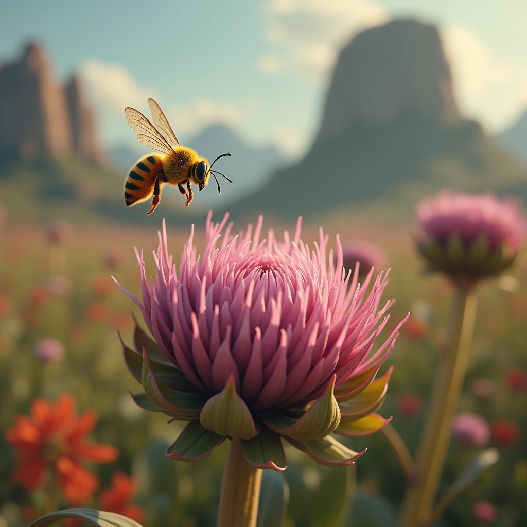 Bee and Artichoke Flower in Matte Painting Style