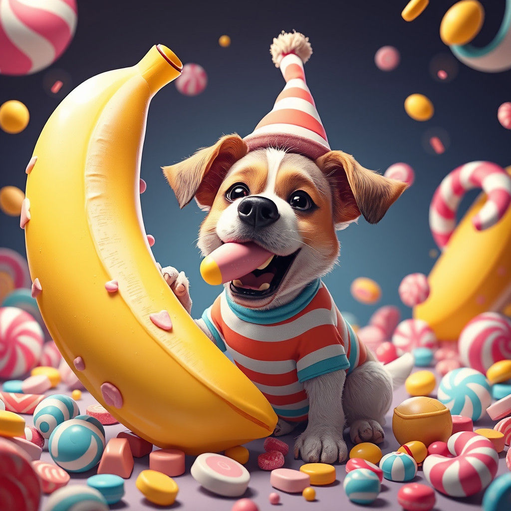 Dog in Candyland Devouring Sugar Banana
