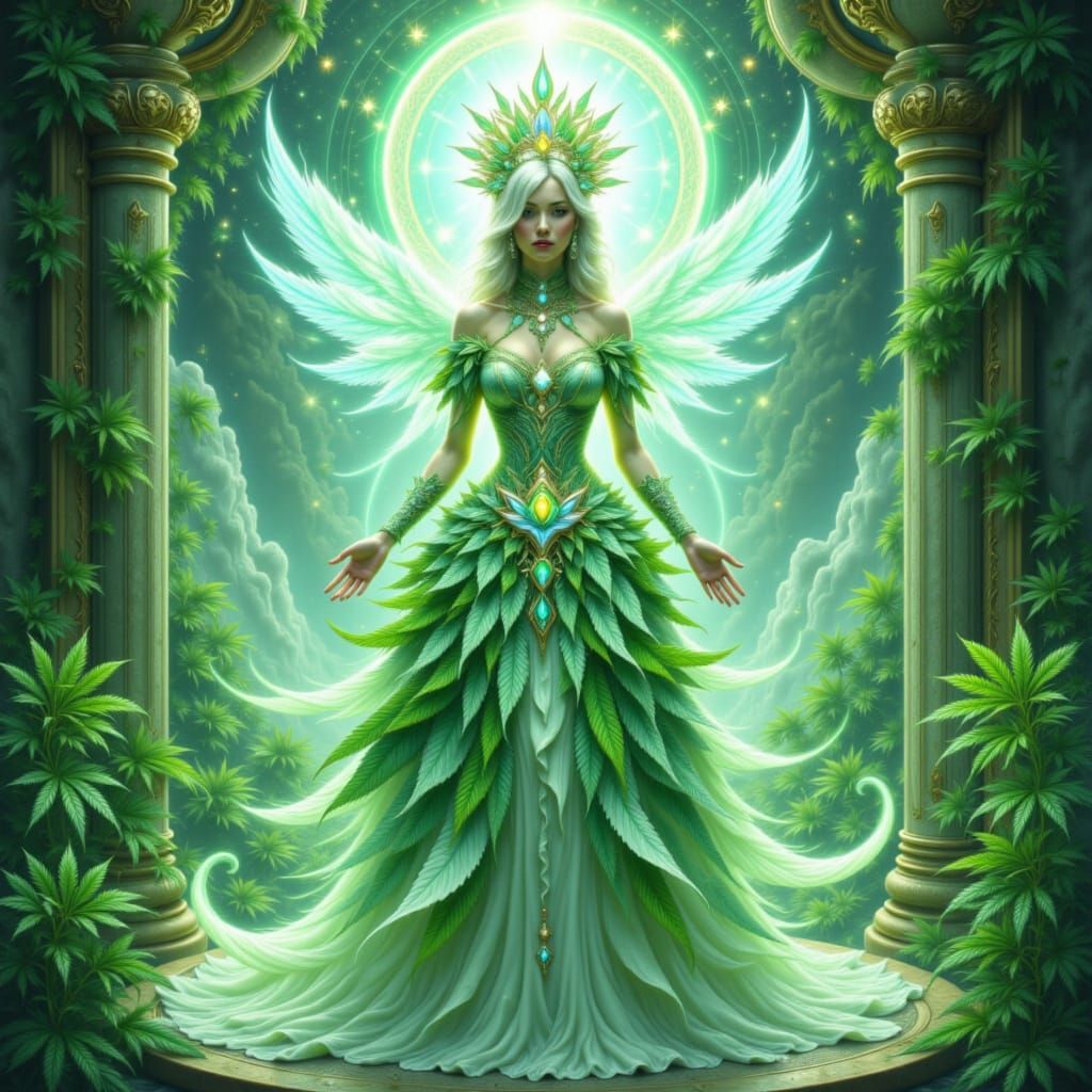 Futuristic Priestess in Cannabis Couture: A Digital Painting