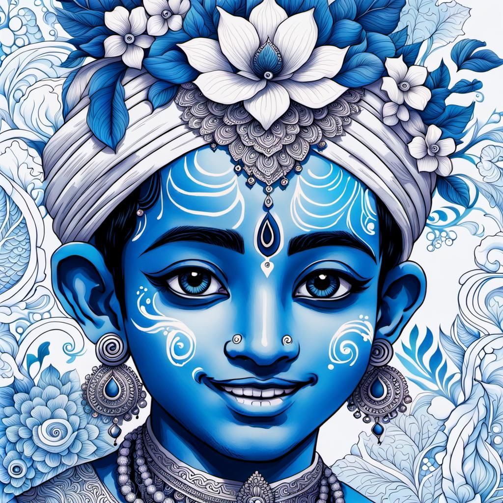 Duotone Line Art of Blue-Skinned Krishna