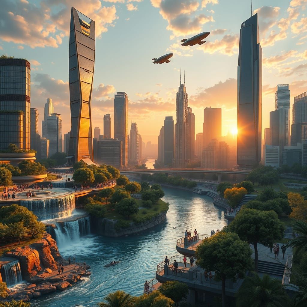 Surreal Futuristic Utopia Unfolds at Sunset