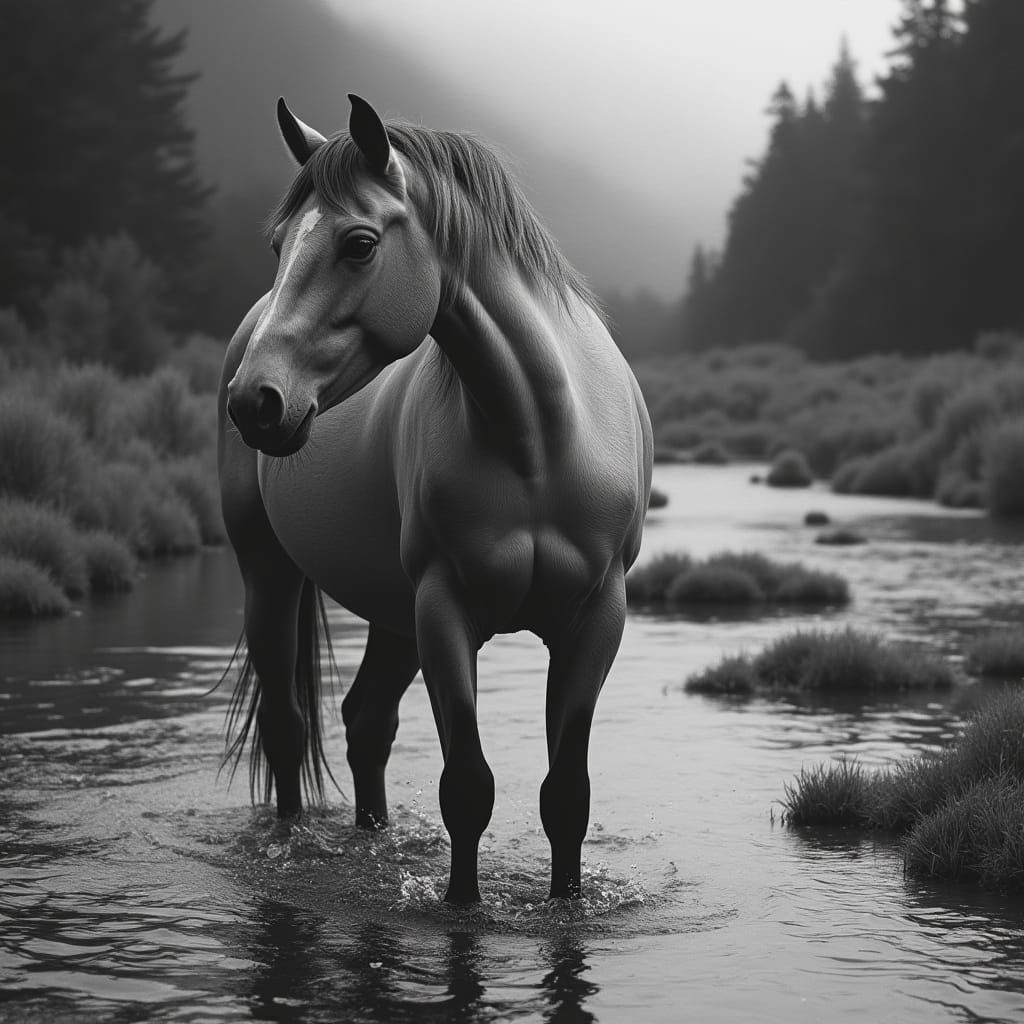 piebald horse. Standing in a braided river in the High Count...