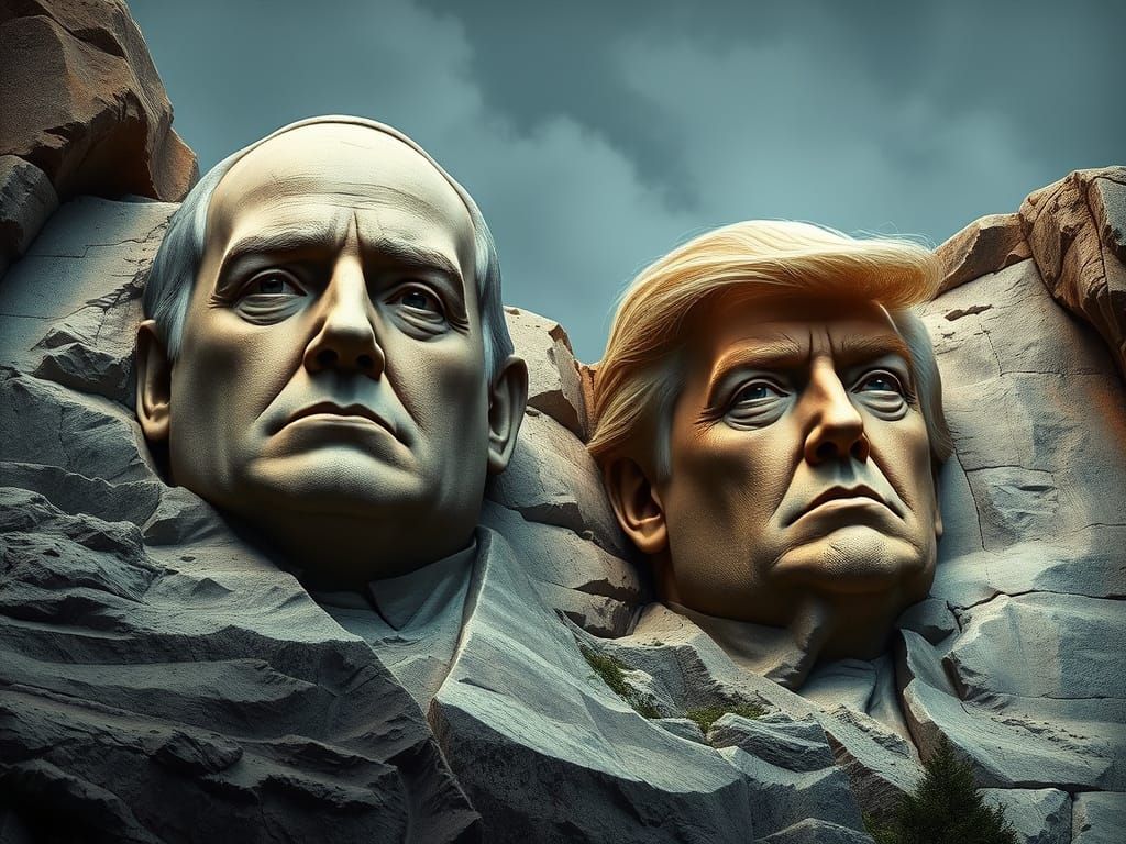 Trump and Jeffrey Cliffside Monument in Dystopian Style