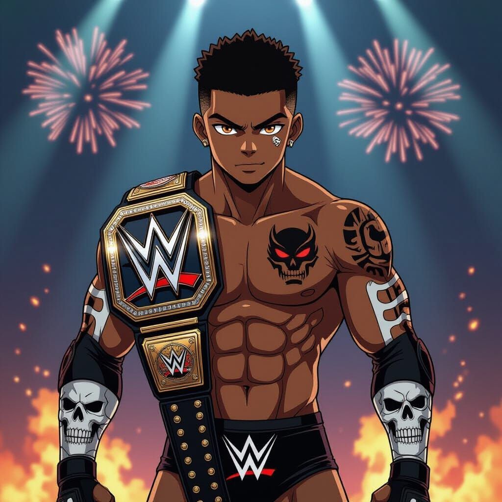 Shonen Anime Wrestler with Championship Belt and Viper Boxer...