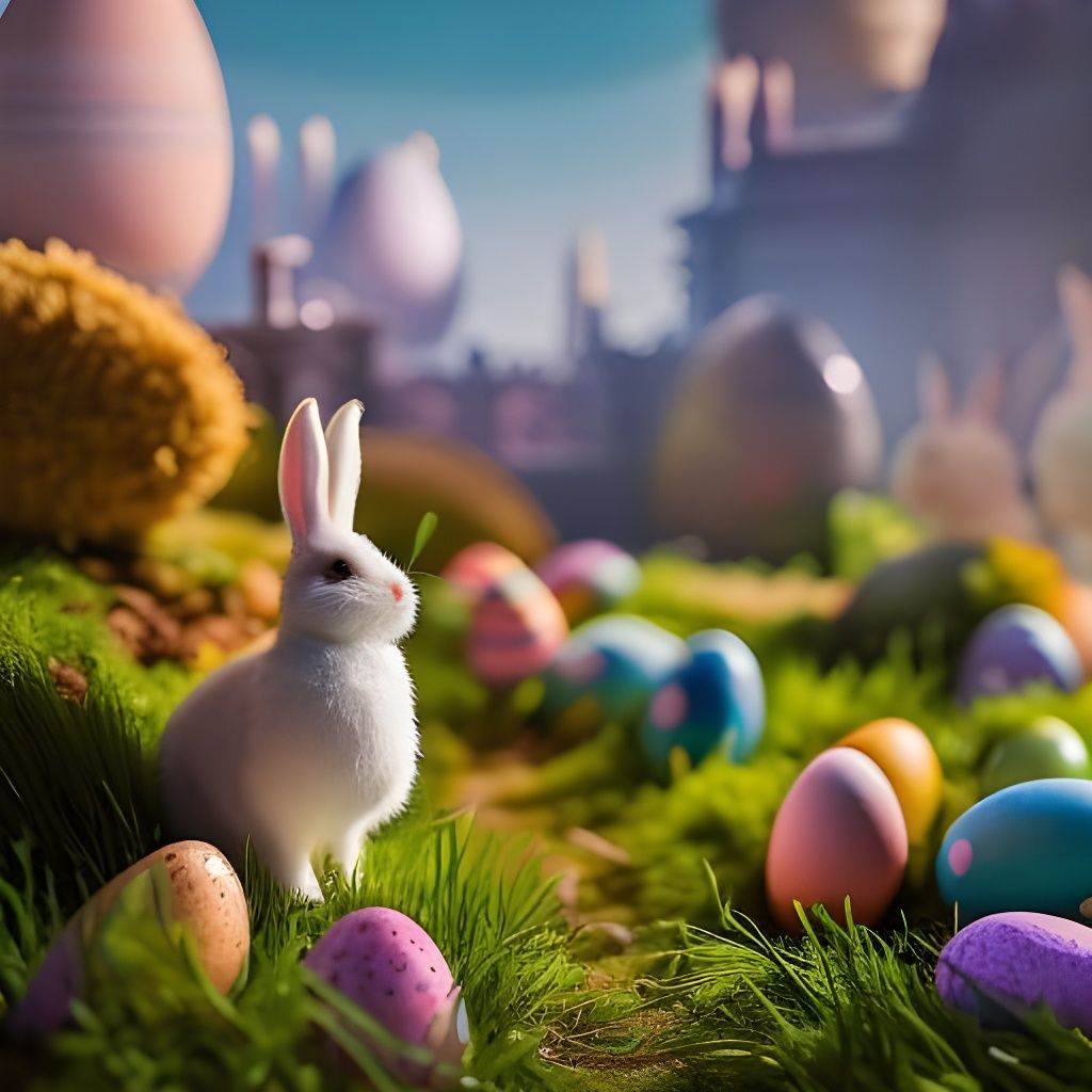 Fantasy Easter Bunny Landscape with Giant Eggs