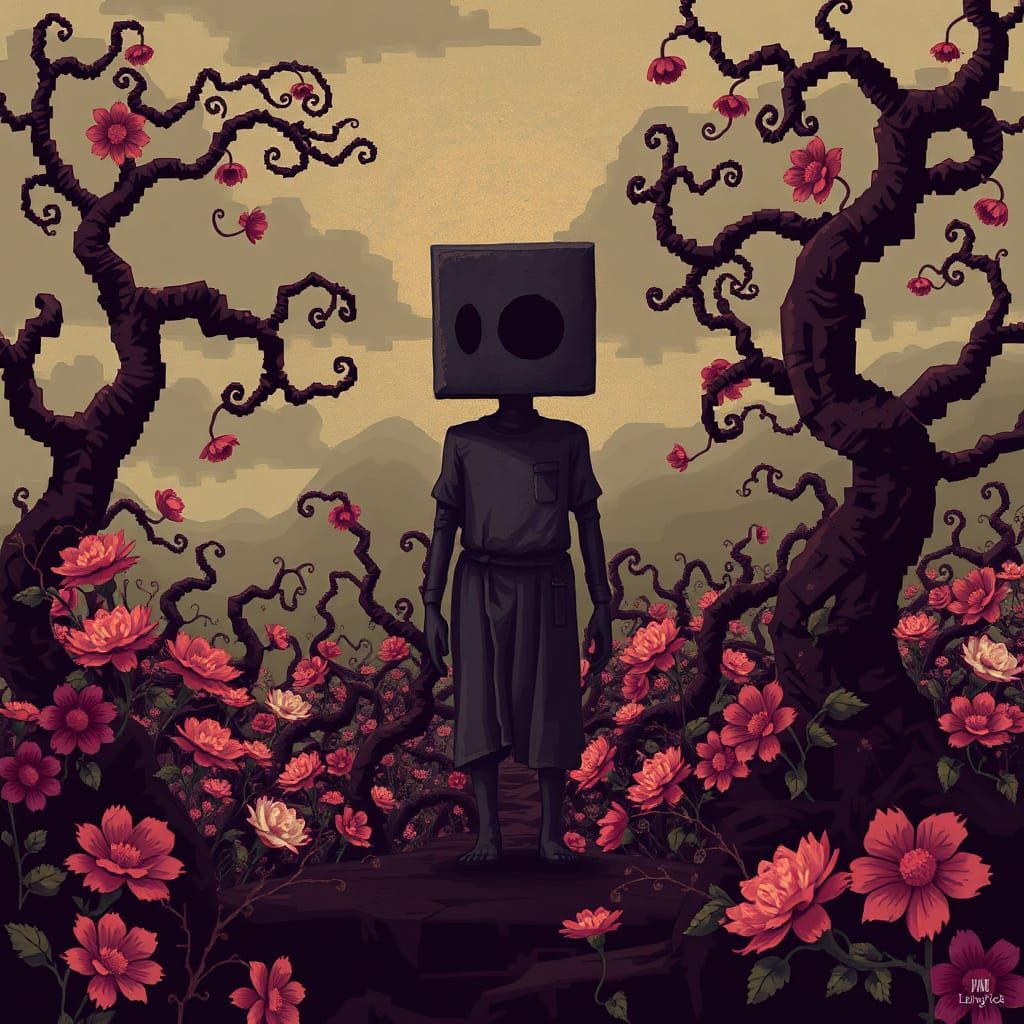 Cube-Headed Character in Pixelated Floral Landscape