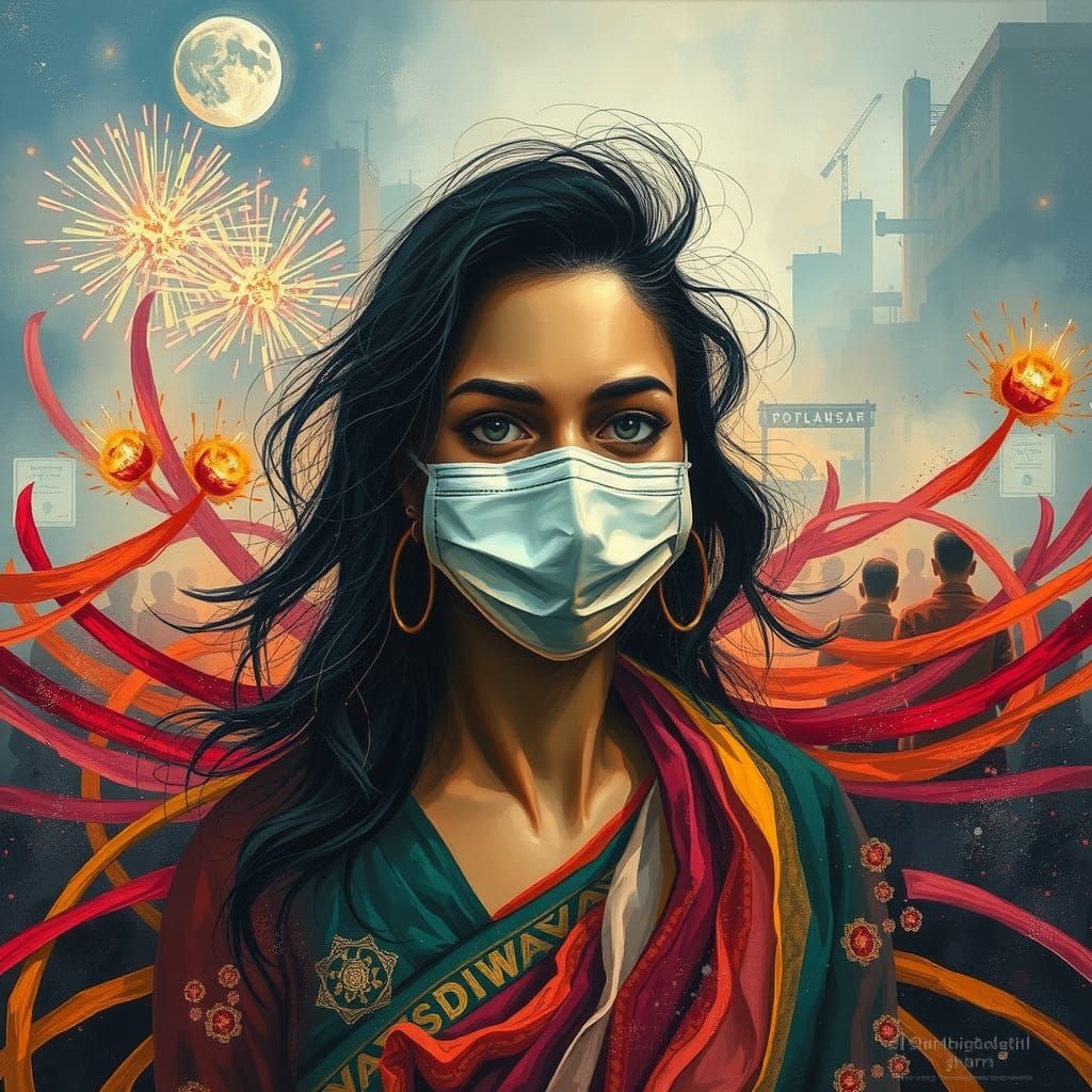 Woman in Polluted City During Diwali Festival