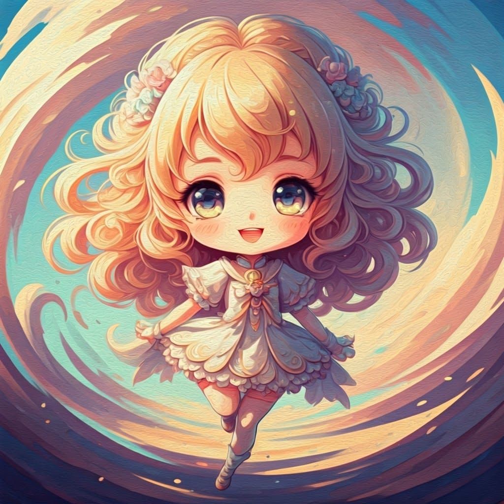 Charming Pastel Chibi Figure in Whimsical Oil Painting