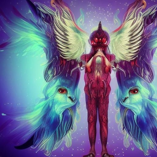 Multi-Faced Winged Creature in Photorealistic Style