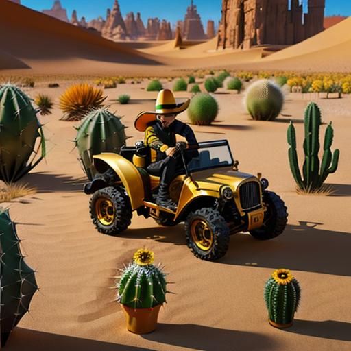 Desert Jackrabbit with Blooming Cactus, Hyperdetailed Art