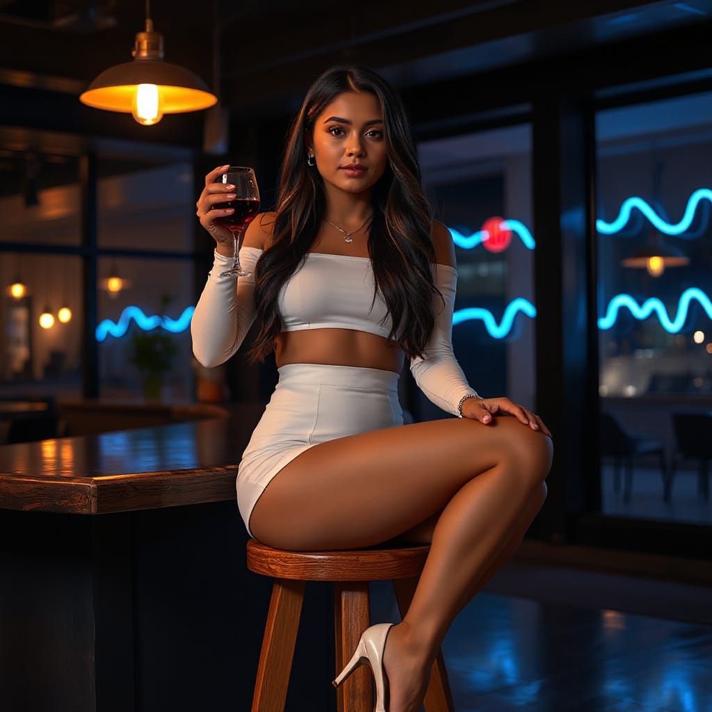 Latina in Futuristic Bar with Neon Lighting