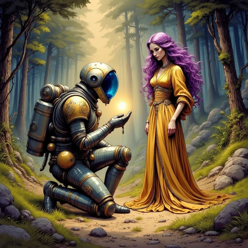 Astronaut Bows to Regal Alien Princess in Mystical Forest