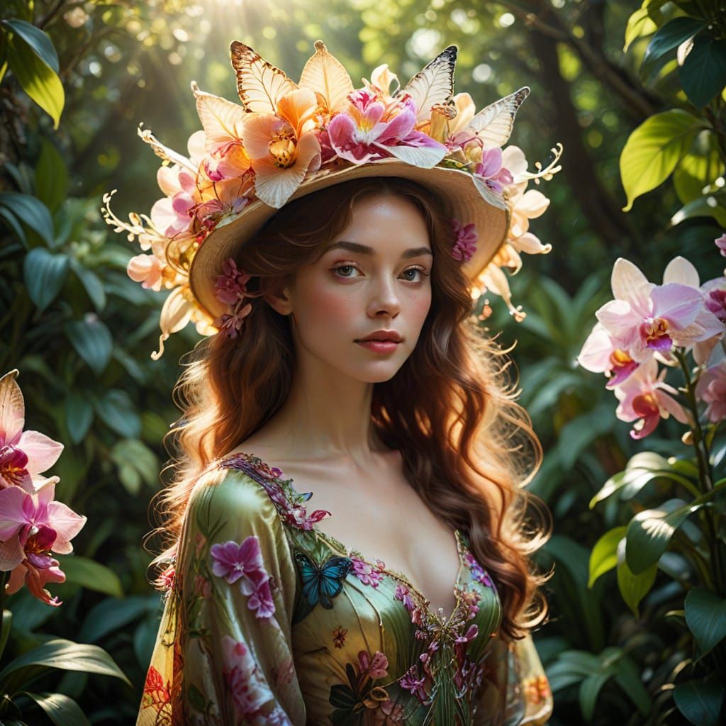 Woman in Orchid and Butterfly Wing Hat in Garden