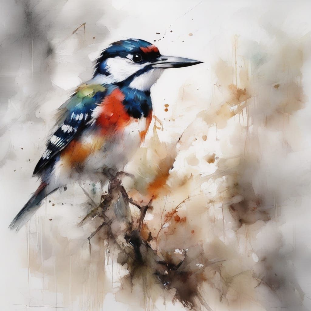 Tiny Woodpecker on Tree by River Forest Neo-Impressionist Pa...