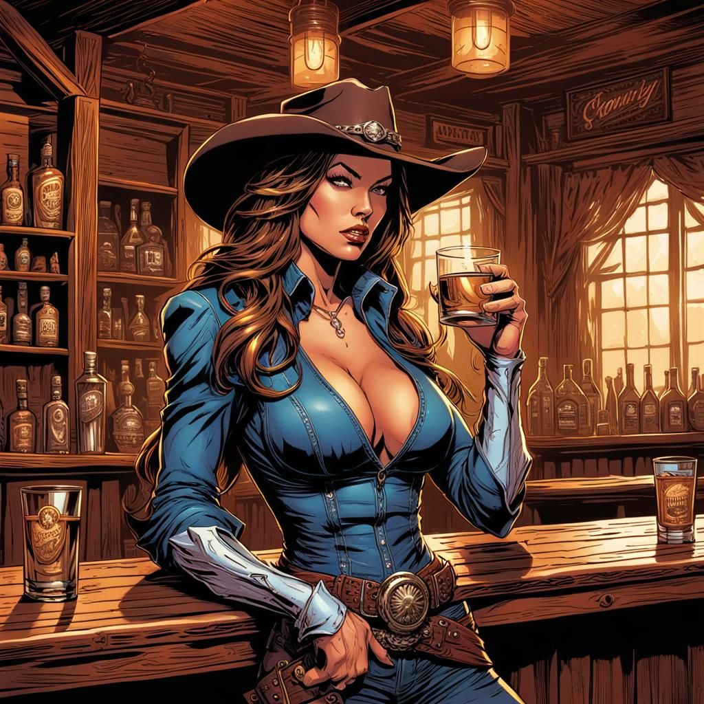 Witchblade Cowgirl Poses in Old West Saloon