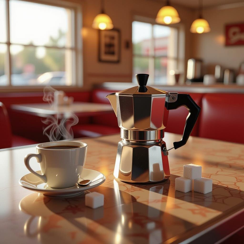 Vintage Coffee Pot on Diner Counter in Hyperrealistic Style