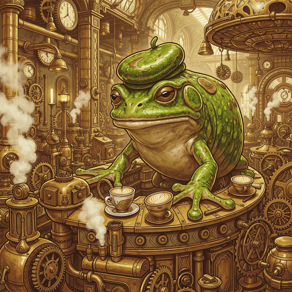 Giant Frog Barista in Steampunk Cafe