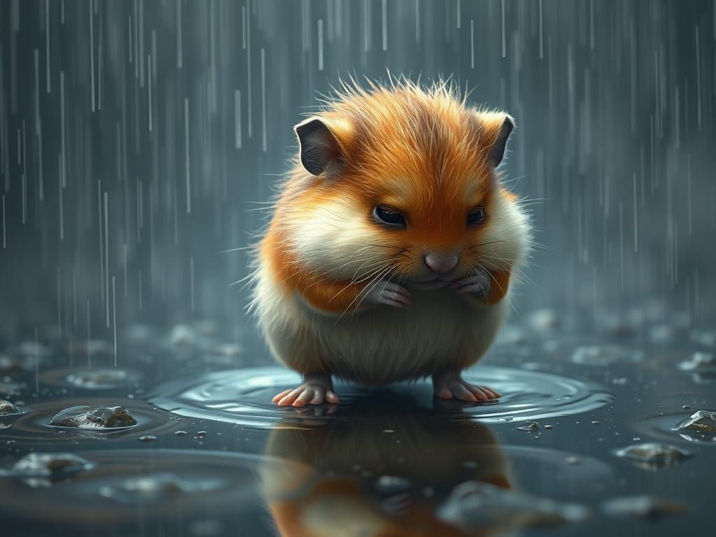 Sorrowful Hamster Drenched in Rainstorm