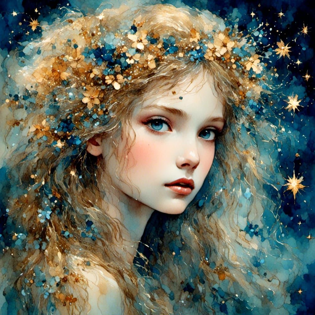 Cosmic Star Hair Portrait with Glittering Sparkle