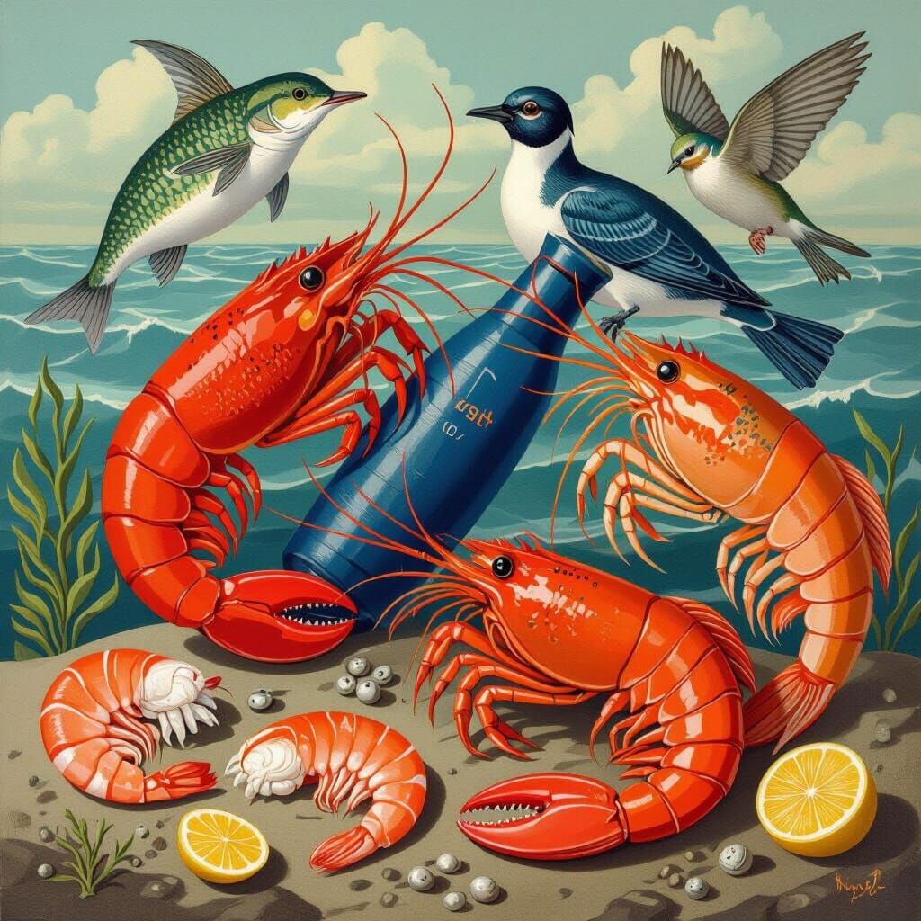 Vibrant Athletic-Inspired Seafood in Stylized Scene