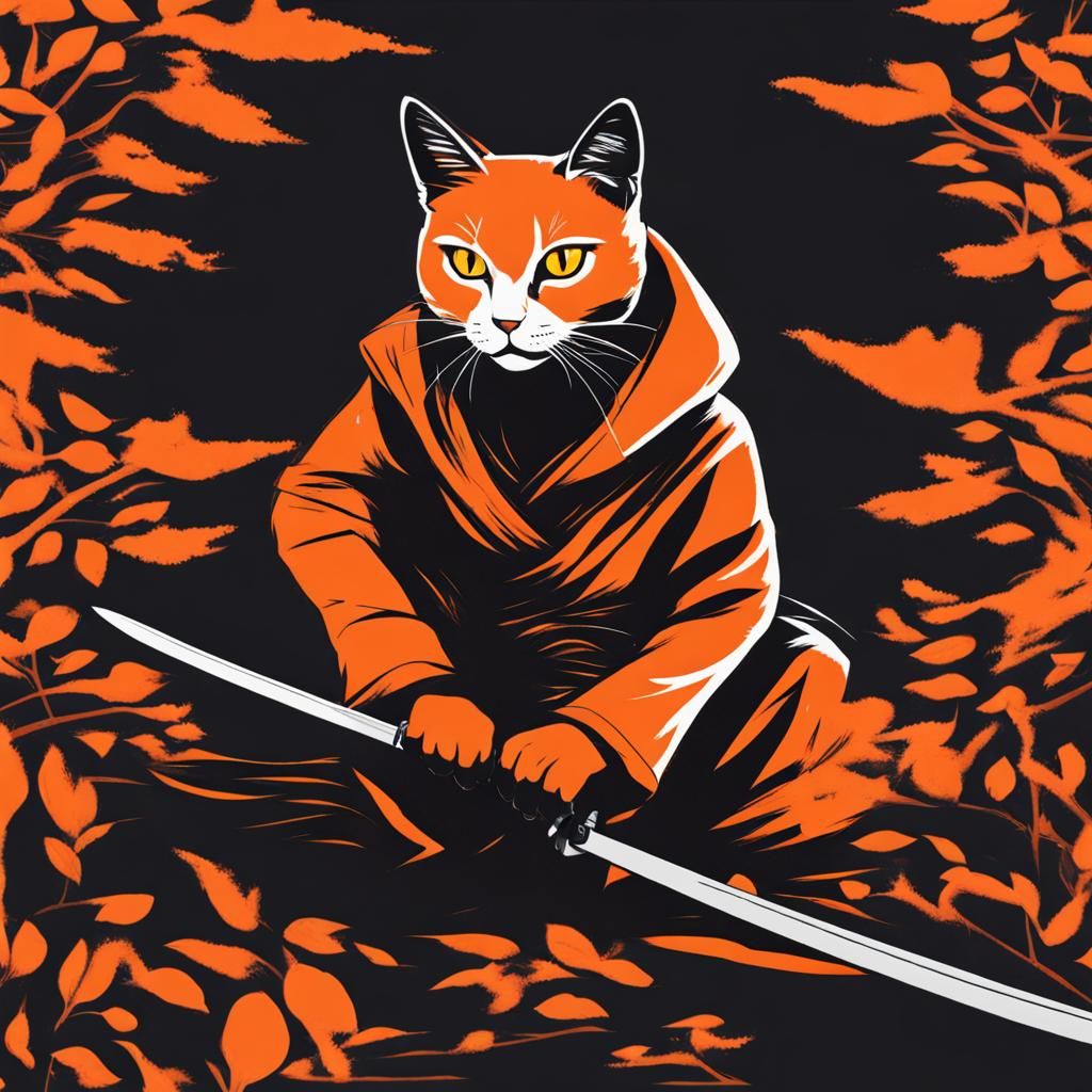 Orange Ninja Cat in Shadowy Forest