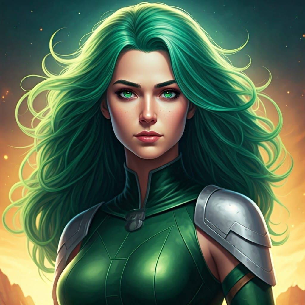 Green-Haired Goddess in Comic Book Art Style