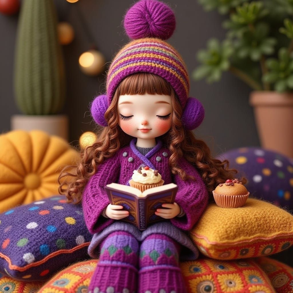Whimsical Boho Doll Girl in Purple and Magenta Reading a Boo...