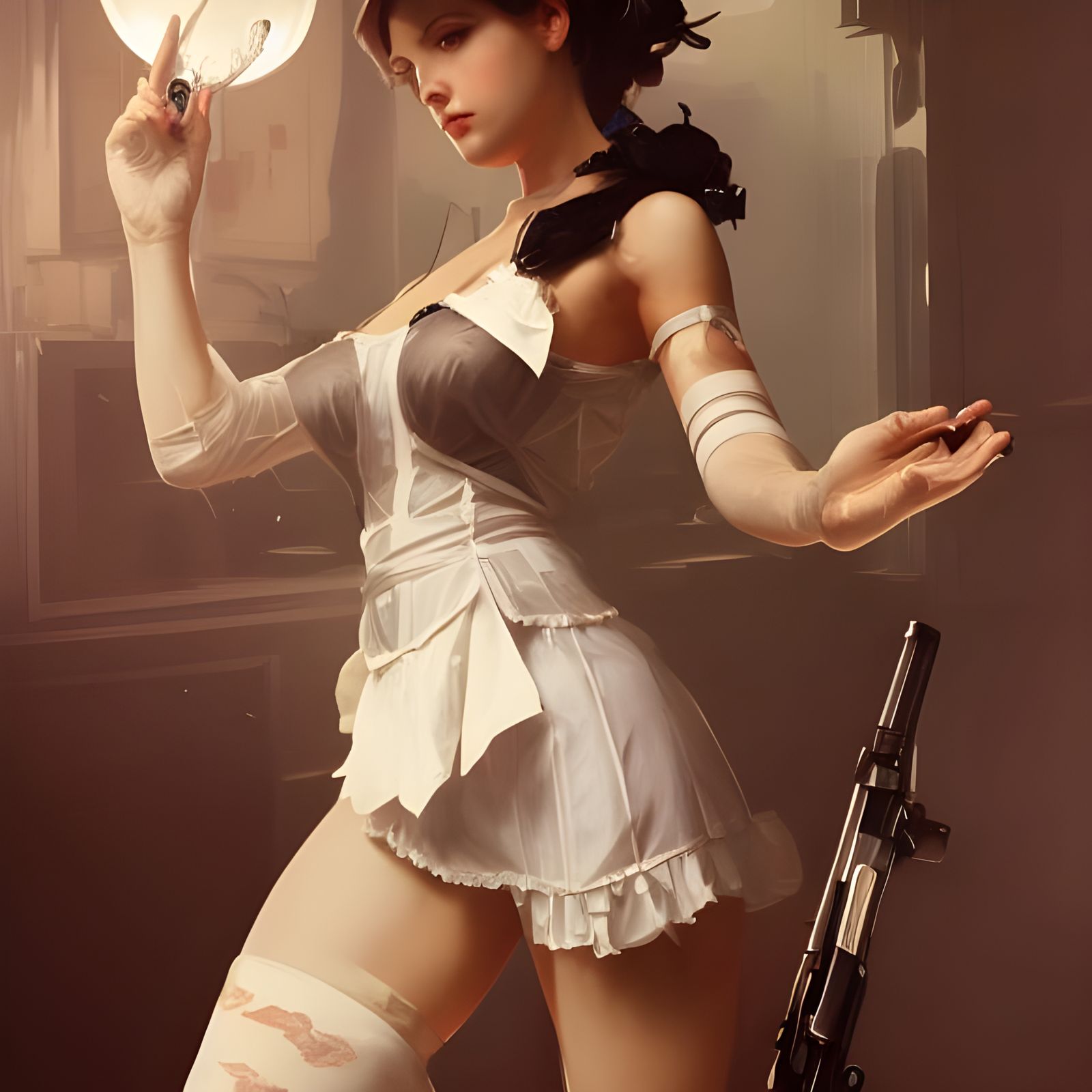 French Maid with Shotgun: Hyperdetailed Concept Art